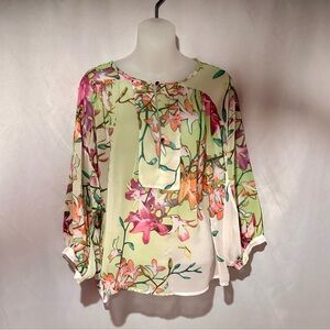 Hippie Green Floral Print Sheer Chiffon Boho Women's Peasant Blouse Top